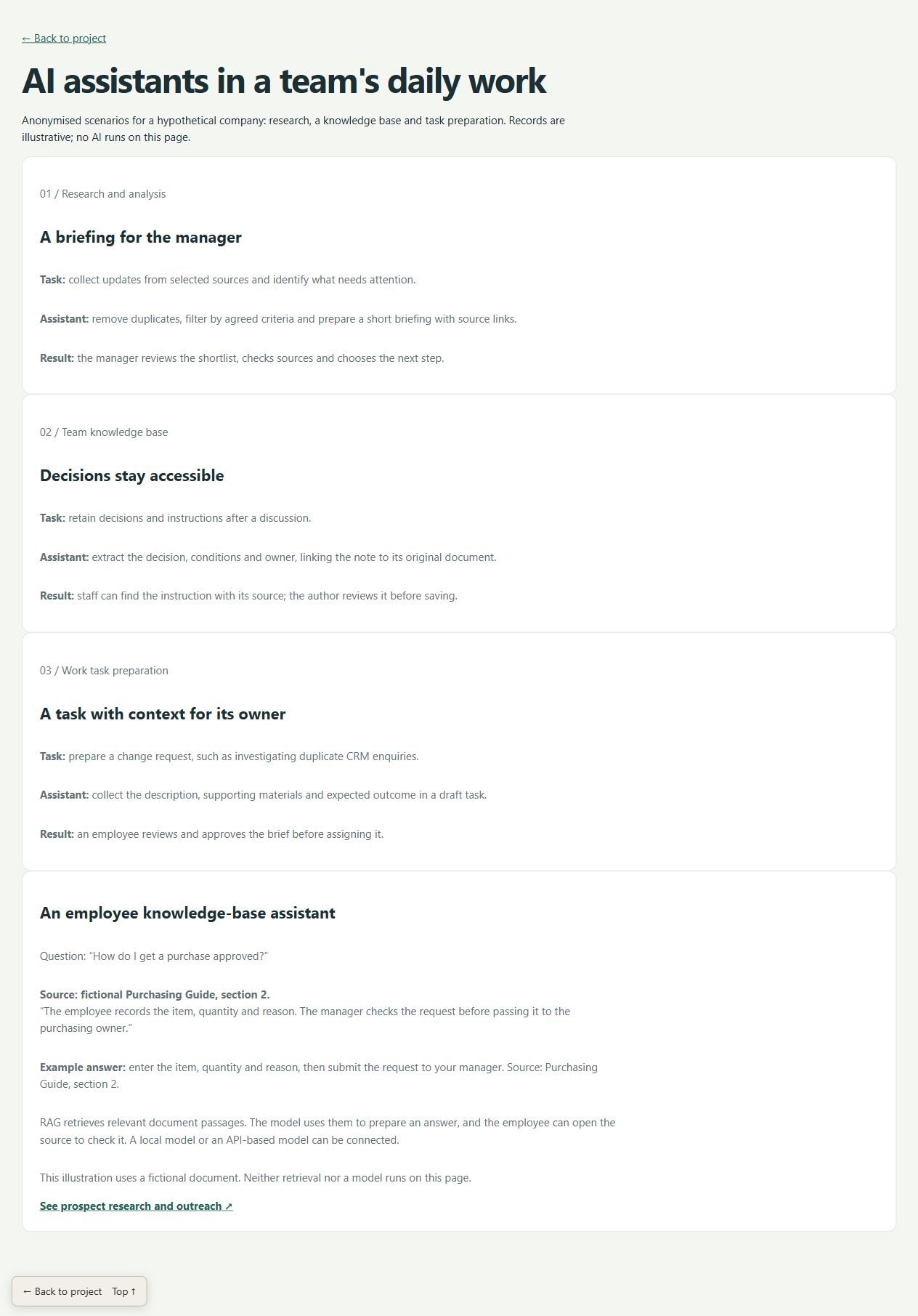 Illustration of implemented workflow types. Fictional input and output; Russian UI. No live AI run.