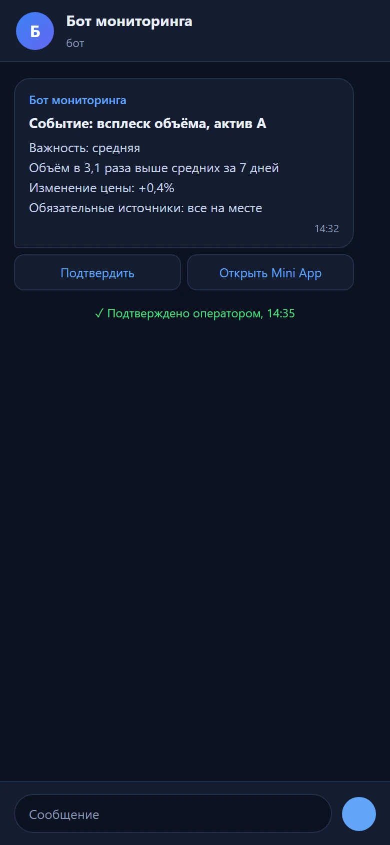 03 / Уведомление в боте и его подтверждение.