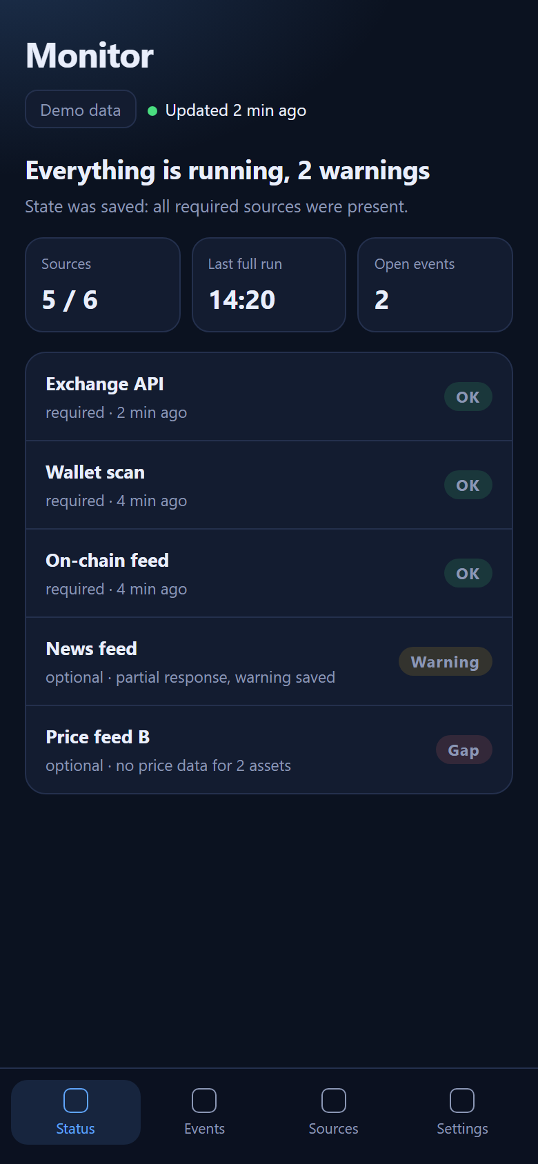 01 / Source status: required and optional sources, warnings and gaps.