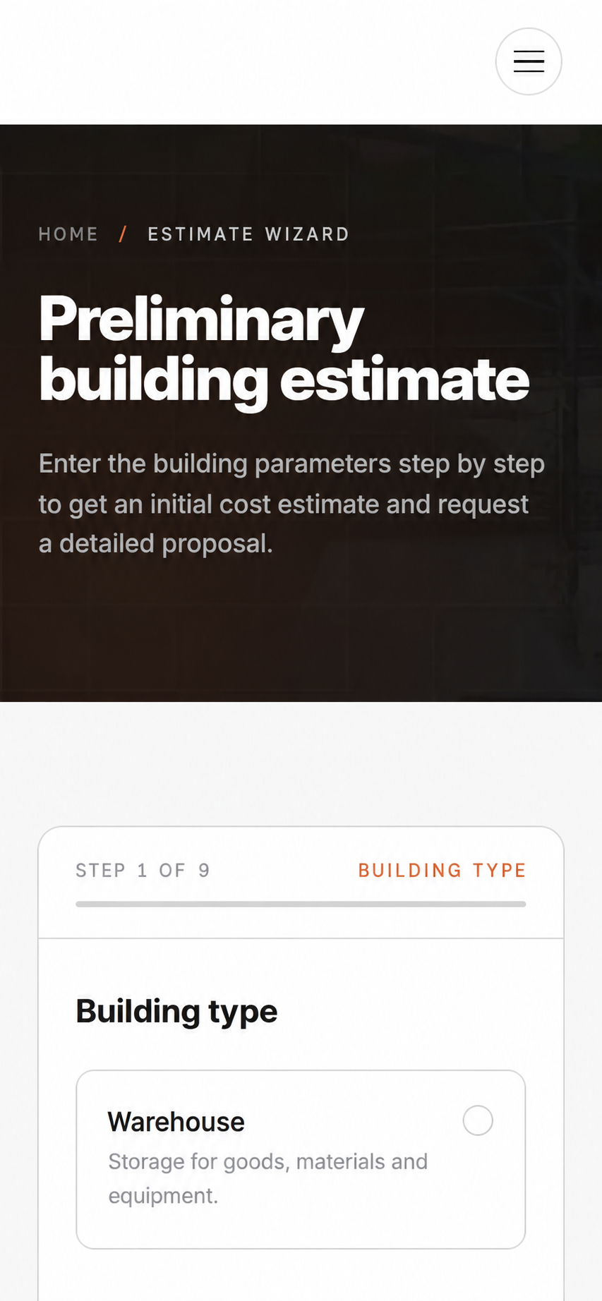 Estimate wizard: choosing the building type.