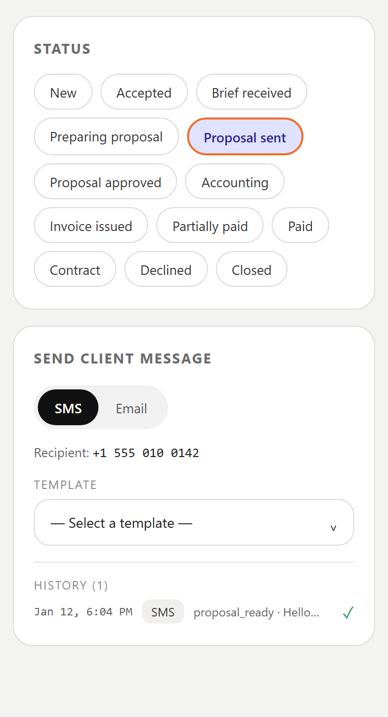 CRM: deal statuses on a test record.