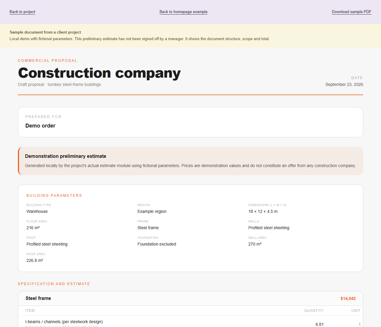 Draft proposal for a fictional warehouse. Demonstration prices, not a real offer.